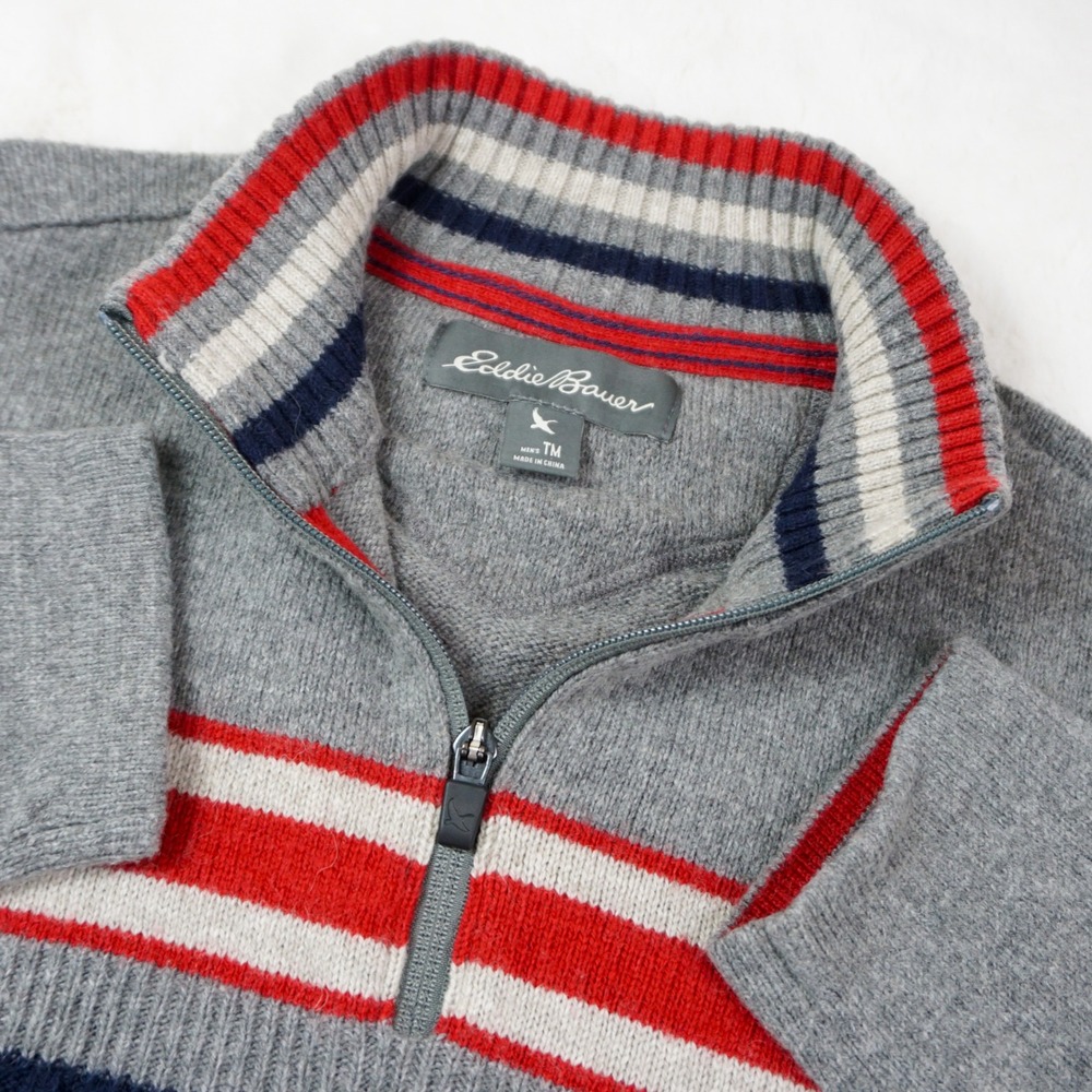 Eddie Bauer Quarter Zip Sweater Gray Striped Pullover Casual Knit Top Preppy